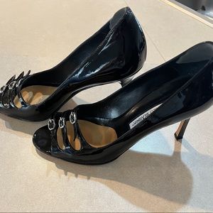 Manolo Blahnik Open Toe C Burta Black Patent Leather High Heel